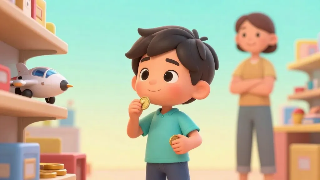 Un niño de 7 años decidiendo cómo gastar su paga en una tienda de juguetes.