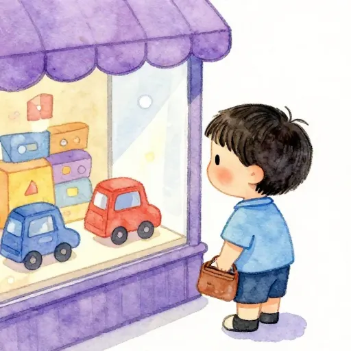 Un niño soñando con un juguete y pensando en su dinero.