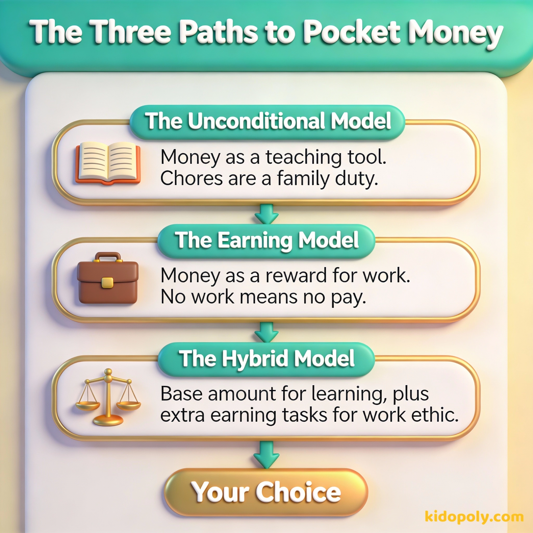 Infografía que muestra los modelos de paga: Incondicional, Por Mérito e Híbrido.