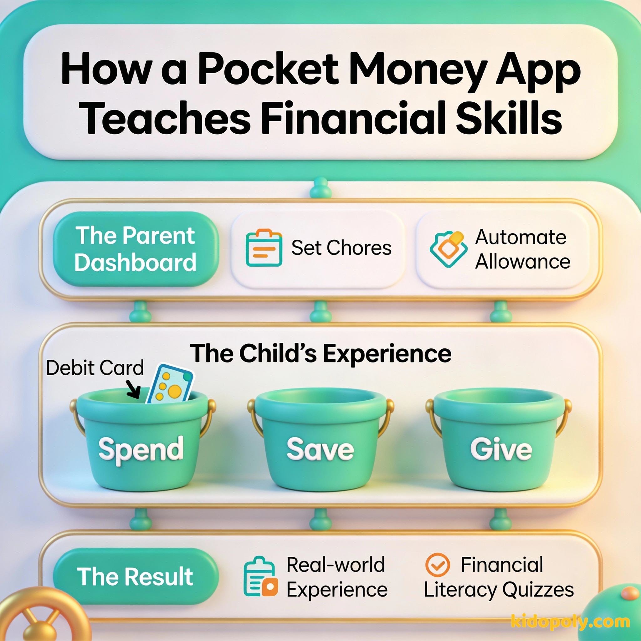 Un diagrama que explica el flujo del dinero y las tareas dentro de una app de dinero para niños.