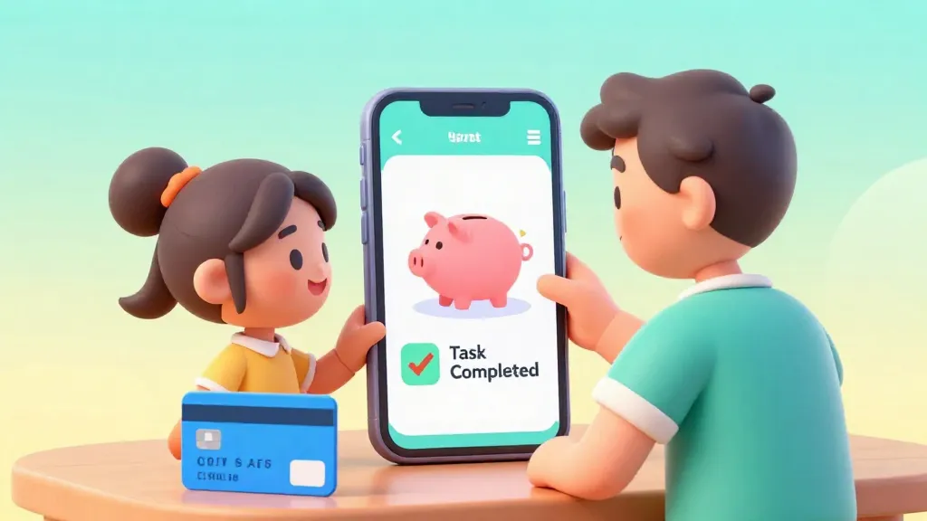 Un padre y su hijo usando una app de dinero de bolsillo en un smartphone.