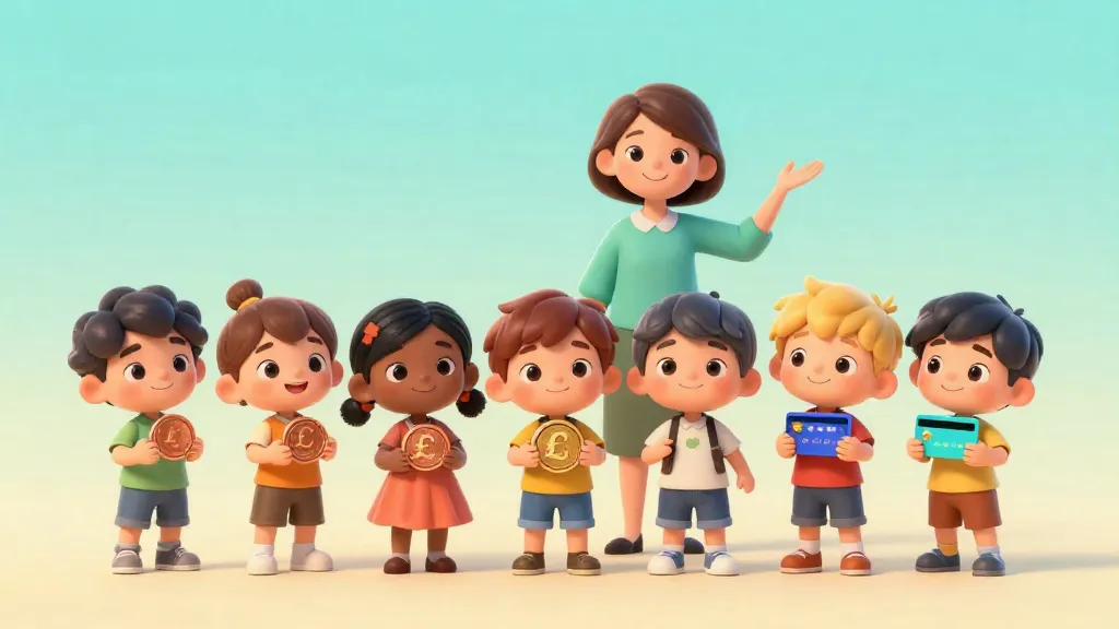 Niños de diferentes edades sosteniendo distintos tipos de dinero para sus gastos