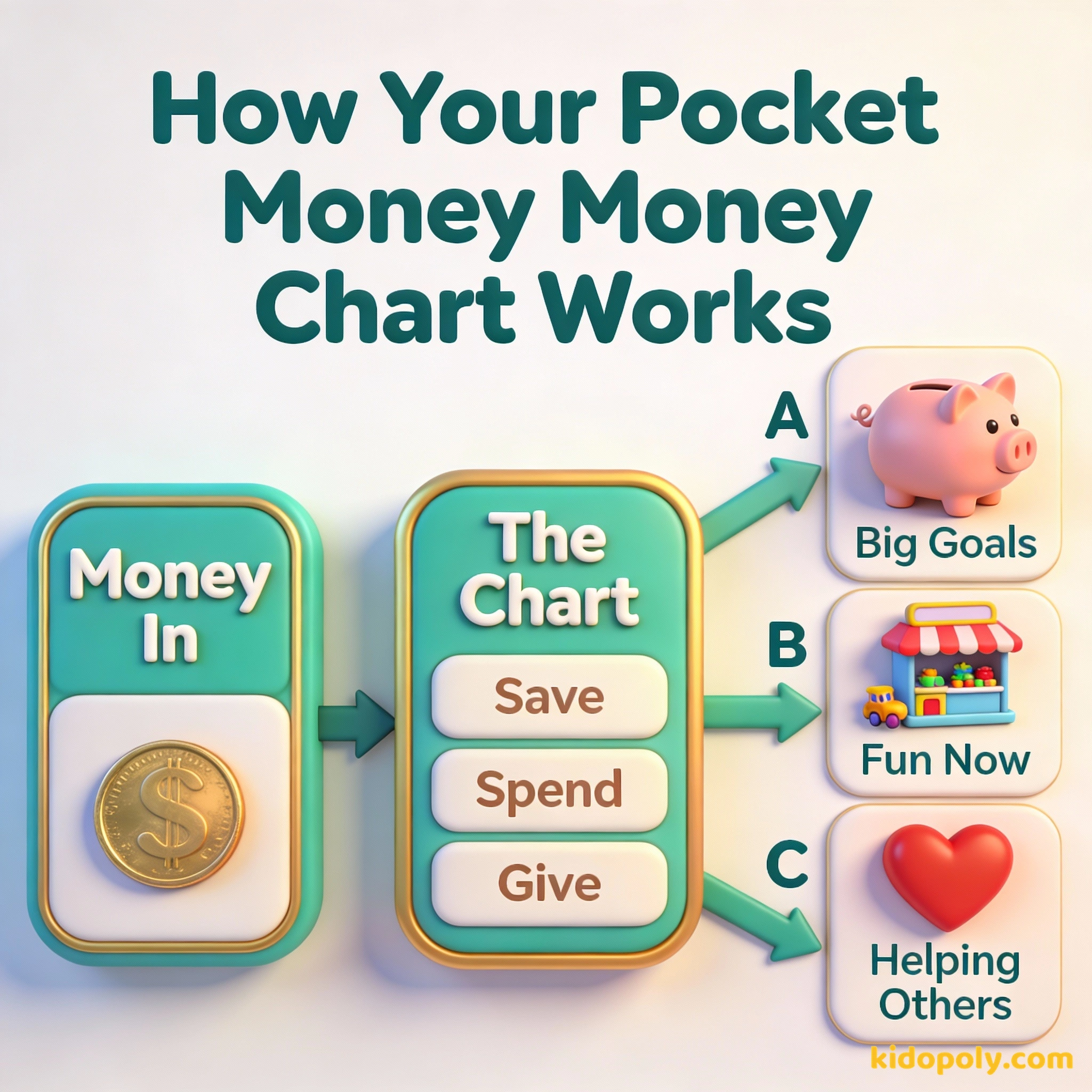 Diagrama que muestra el dinero moviéndose desde la tabla hacia las categorías de ahorrar, gastar y dar