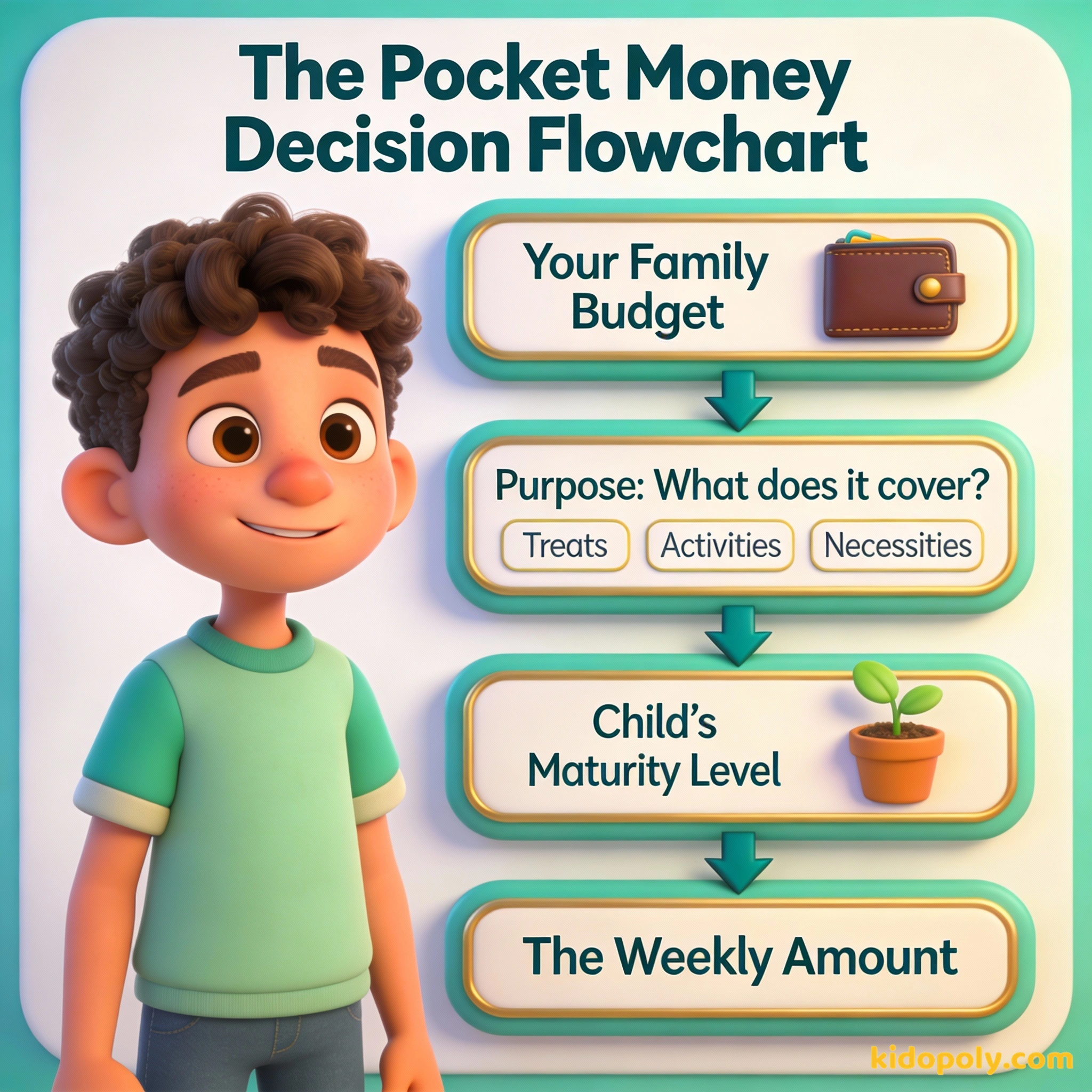 Un diagrama que muestra cómo decidir la cantidad de dinero de bolsillo según el presupuesto, el propósito y la madurez.