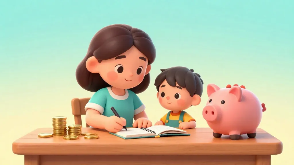 Un padre y su hijo hablando sobre el dinero de bolsillo en la mesa de la cocina.