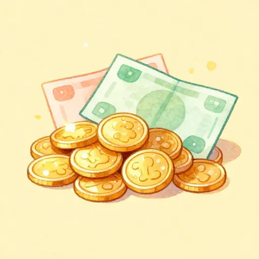 Monedas brillantes y billetes que representan el dinero físico.