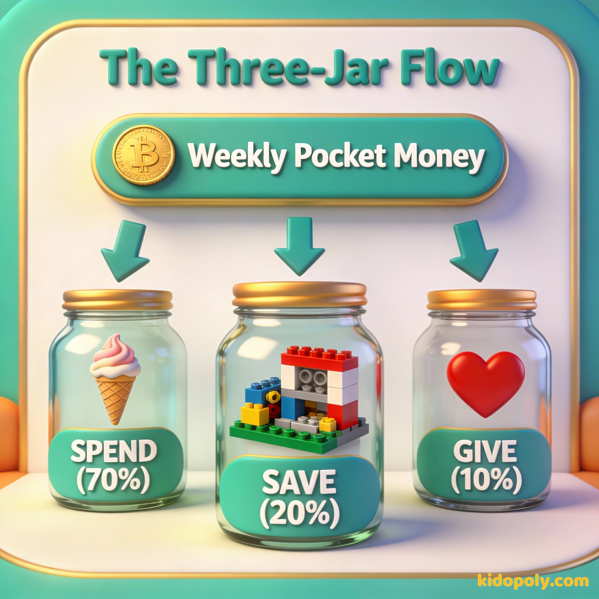 Un diagrama que muestra cómo dividir la paga en tres categorías: gastar, ahorrar y donar.