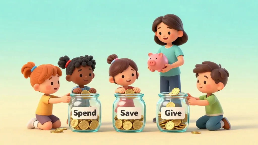 Niños organizando alegremente su paga en frascos para gastar, ahorrar y donar.