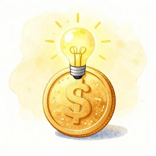 Una bombilla encendida sobre una moneda de oro que representa un dato sobre el dinero.