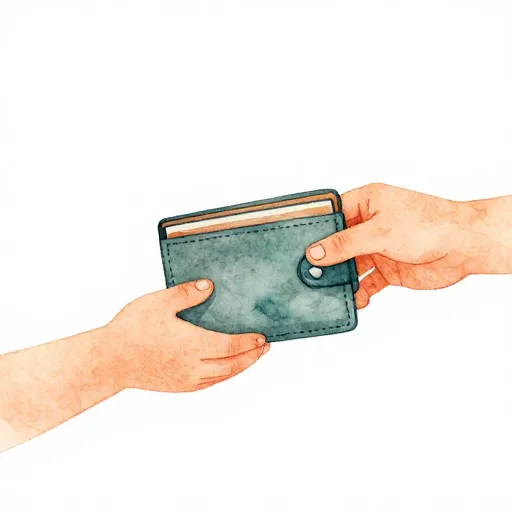 Manos pasando una cartera para simbolizar un traspaso de responsabilidad.