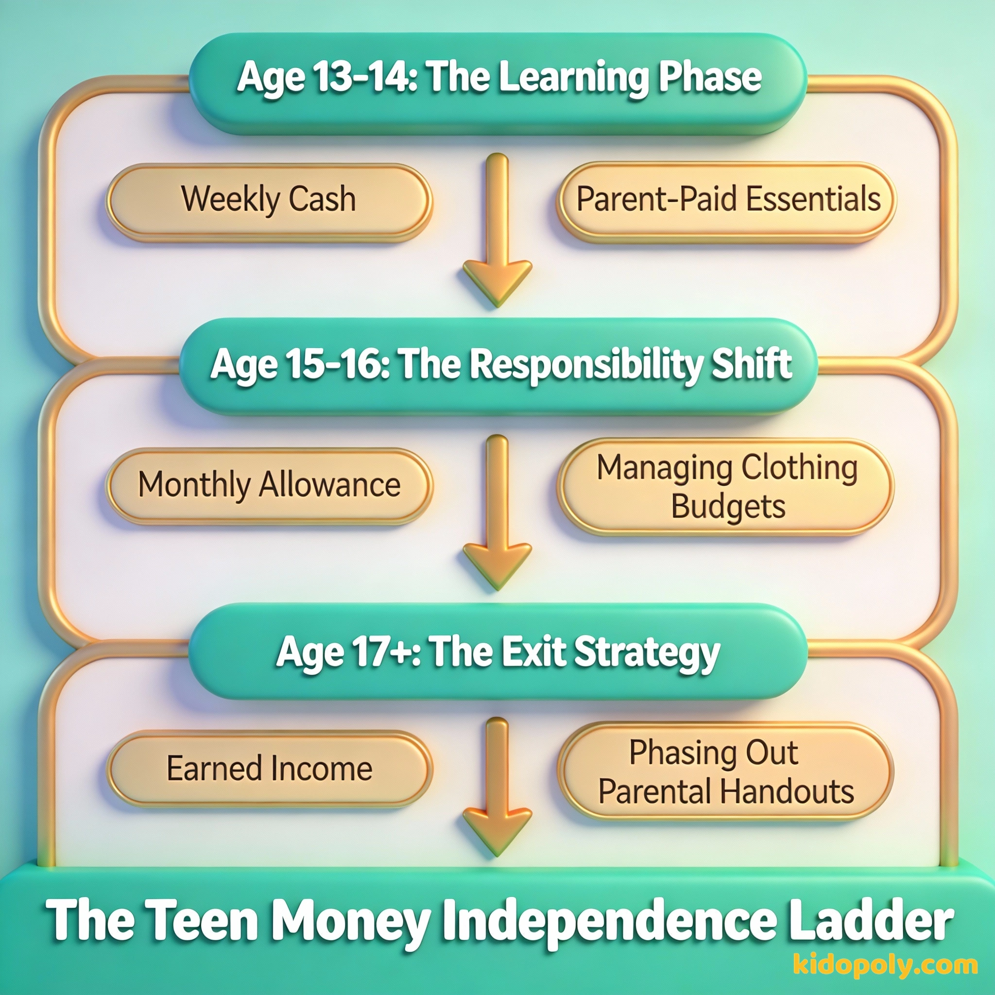 Un diagrama que muestra la progresión desde la paga semanal hasta la independencia financiera.