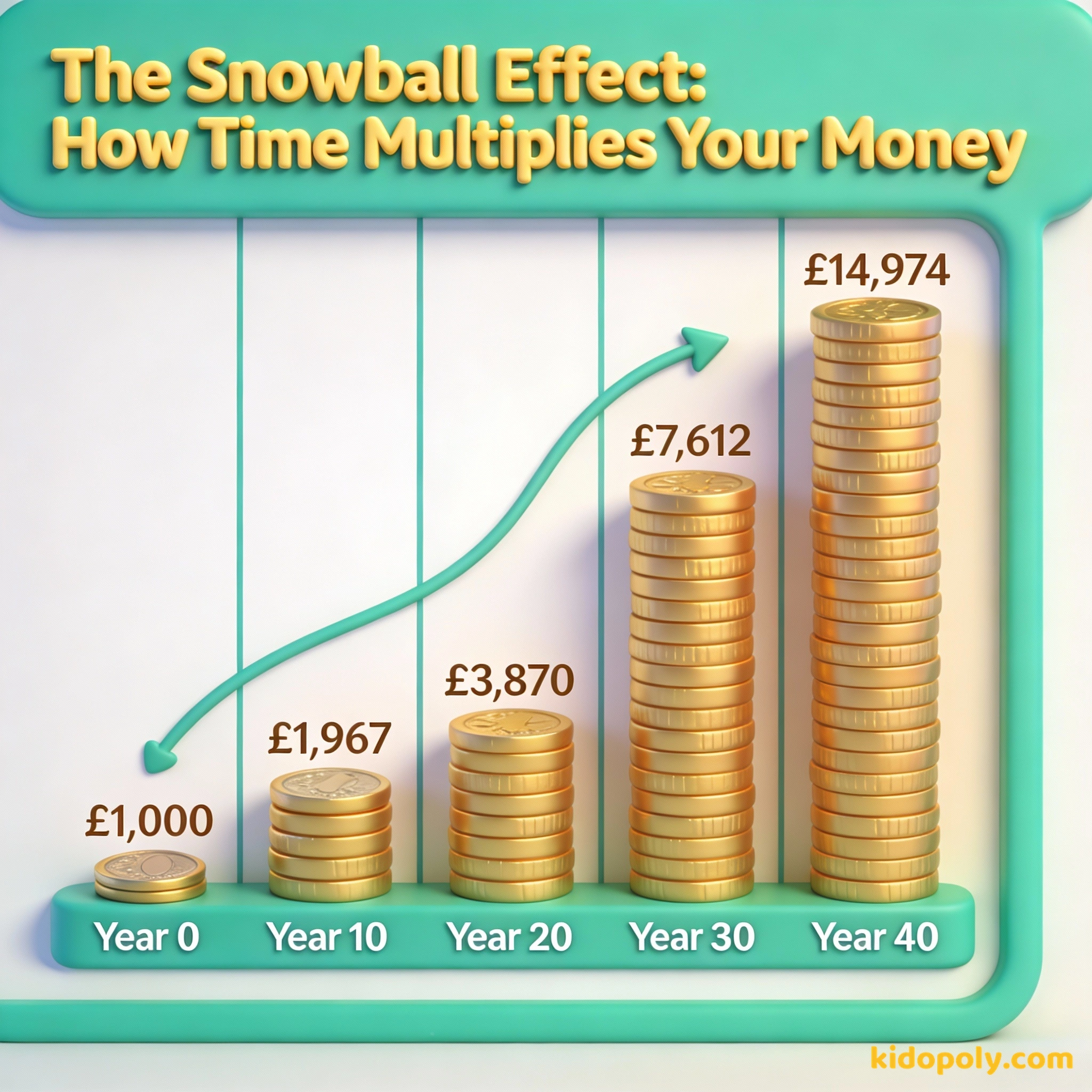 Un gráfico de crecimiento que muestra el dinero duplicándose varias veces a lo largo de 40 años