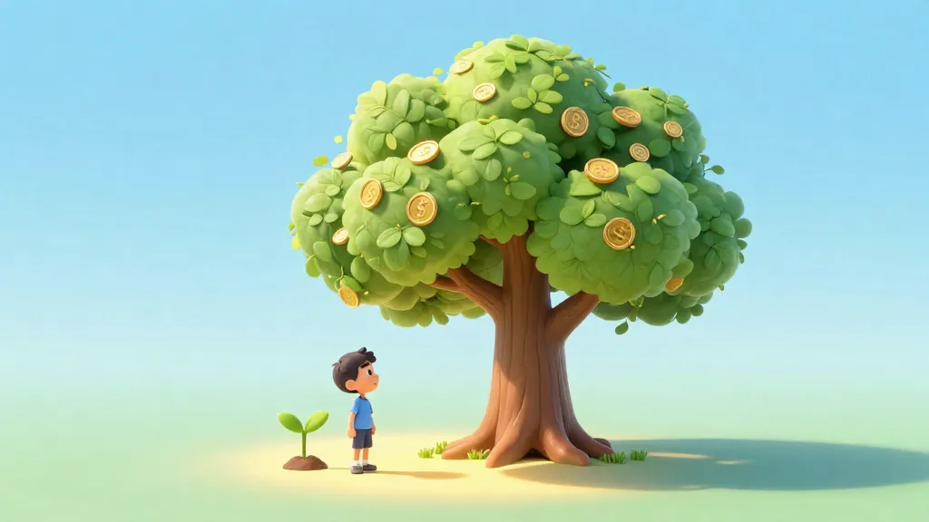 Un adolescente mirando un pequeño árbol que proyecta una sombra gigante dorada de riqueza