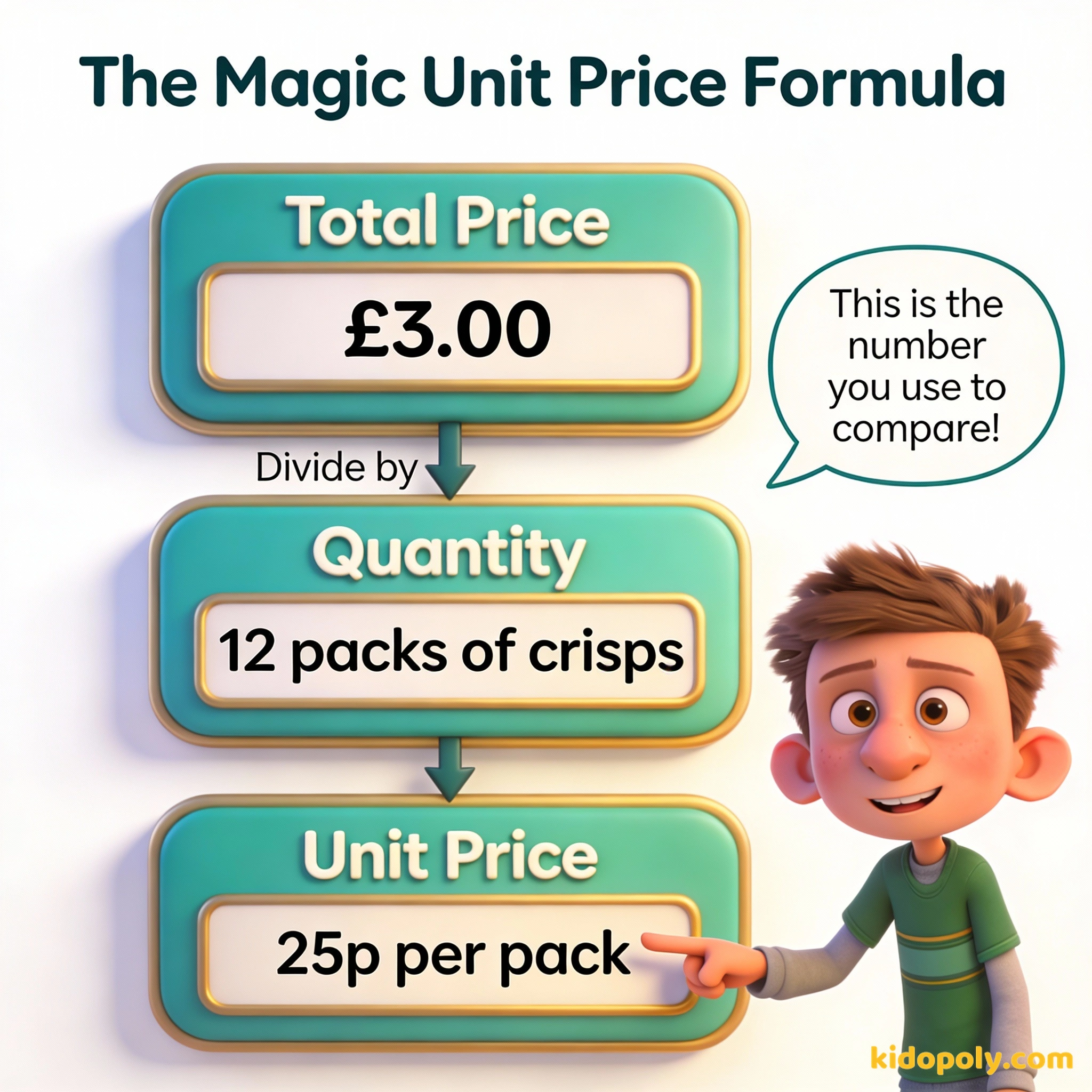 Un diagrama que muestra cómo dividir el precio total por la cantidad para encontrar el precio unitario.