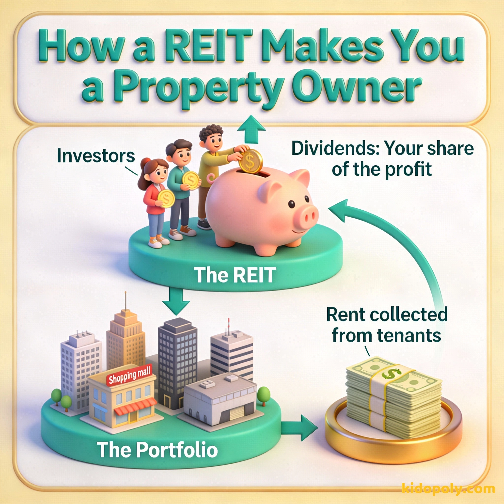 Un diagrama que muestra cómo muchos inversores juntan su dinero en un REIT para comprar edificios grandes y ganar rentas.