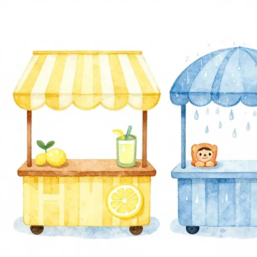 Un puesto de limonada bajo el sol frente a un día lluvioso.