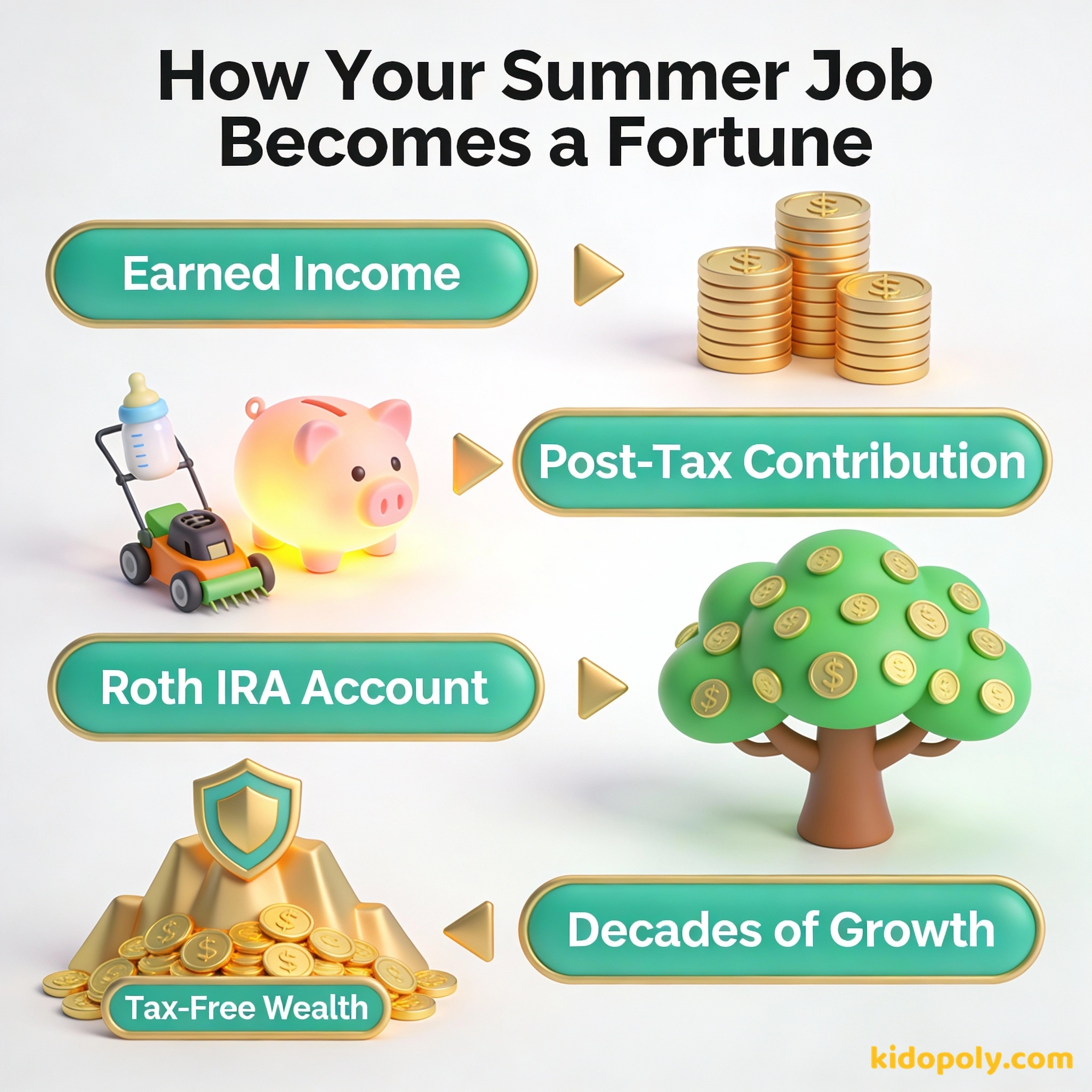 Un diagrama de izquierda a derecha que muestra el dinero pasando de un trabajo a una cuenta y luego al crecimiento a largo plazo