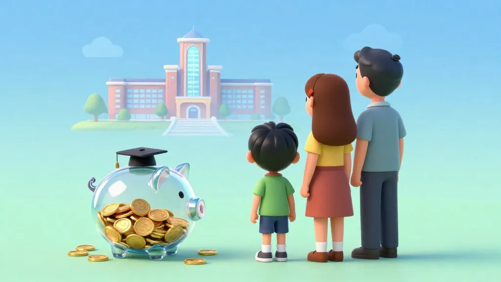 Un padre y un niño mirando hacia un campus universitario con una gran alcancía llena de ahorros.