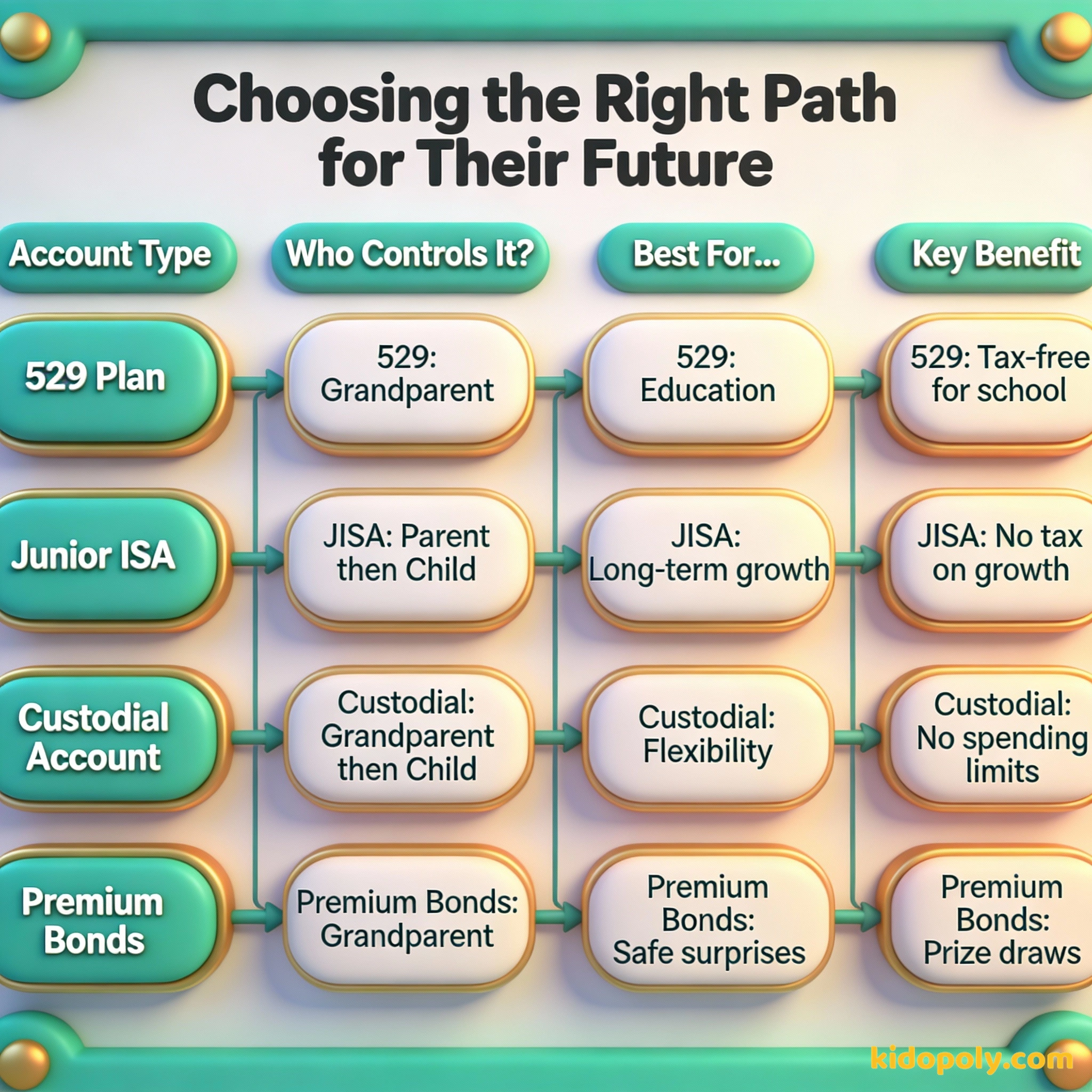 Una tabla comparativa que muestra el control, el propósito y los beneficios de diferentes cuentas de ahorro para nietos