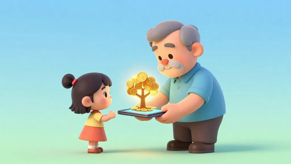Un abuelo y su nieta observando cómo un árbol digital de riqueza crece a partir de una sola moneda