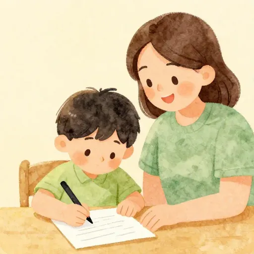 Un niño compartiendo sus metas escritas con su padre o madre.