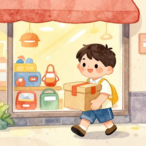 Un niño saliendo feliz de una tienda con la compra que era su meta.