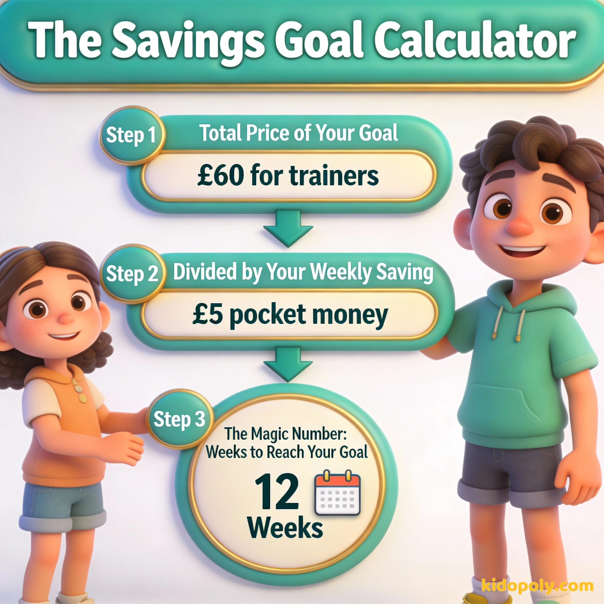 Un diagrama de flujo que muestra cómo dividir el precio total por el ahorro semanal para calcular el tiempo necesario para alcanzar una meta.