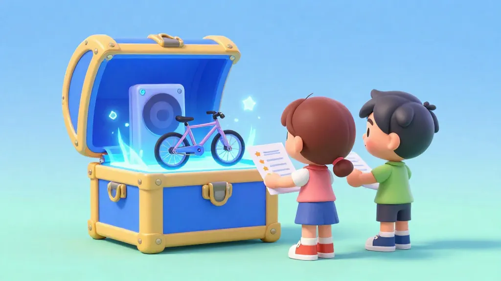 Dos niños mirando un cofre del tesoro holográfico que representa sus metas de ahorro.