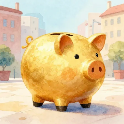 Una hucha gigante más alta que una casa.