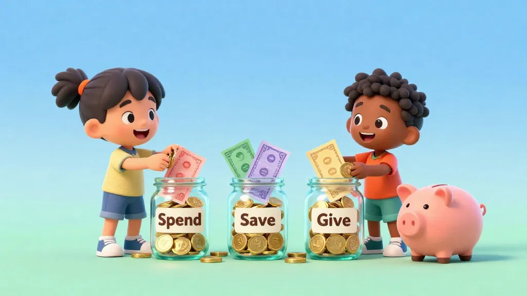 Dos niños metiendo dinero alegremente en frascos etiquetados.