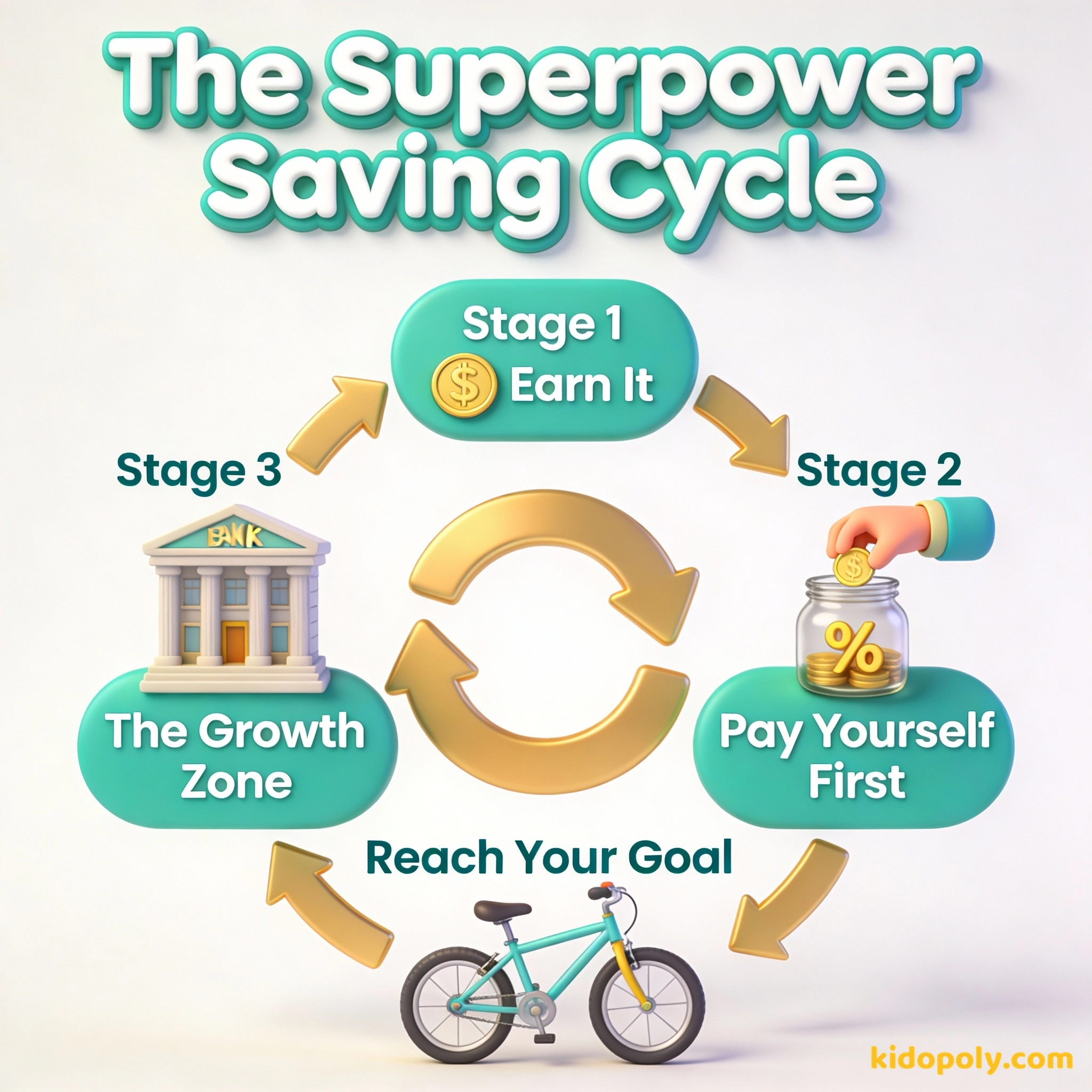 A circular diagram showing how earning, saving, and growing money leads to reaching big goals.