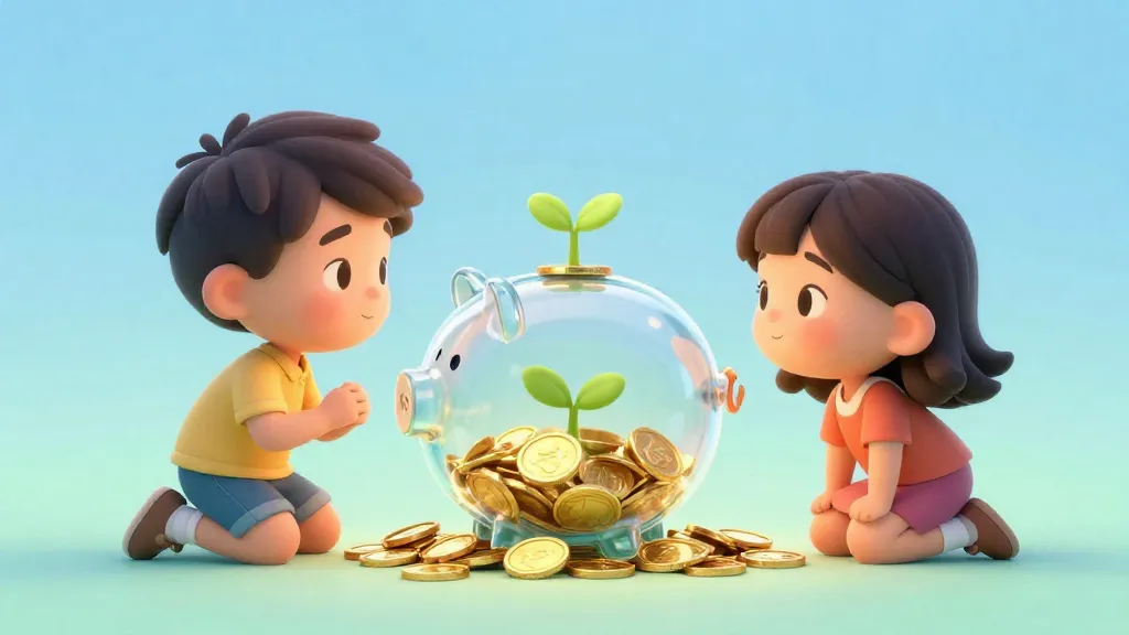 Two children looking at a magical glowing piggy bank full of coins and growing plants