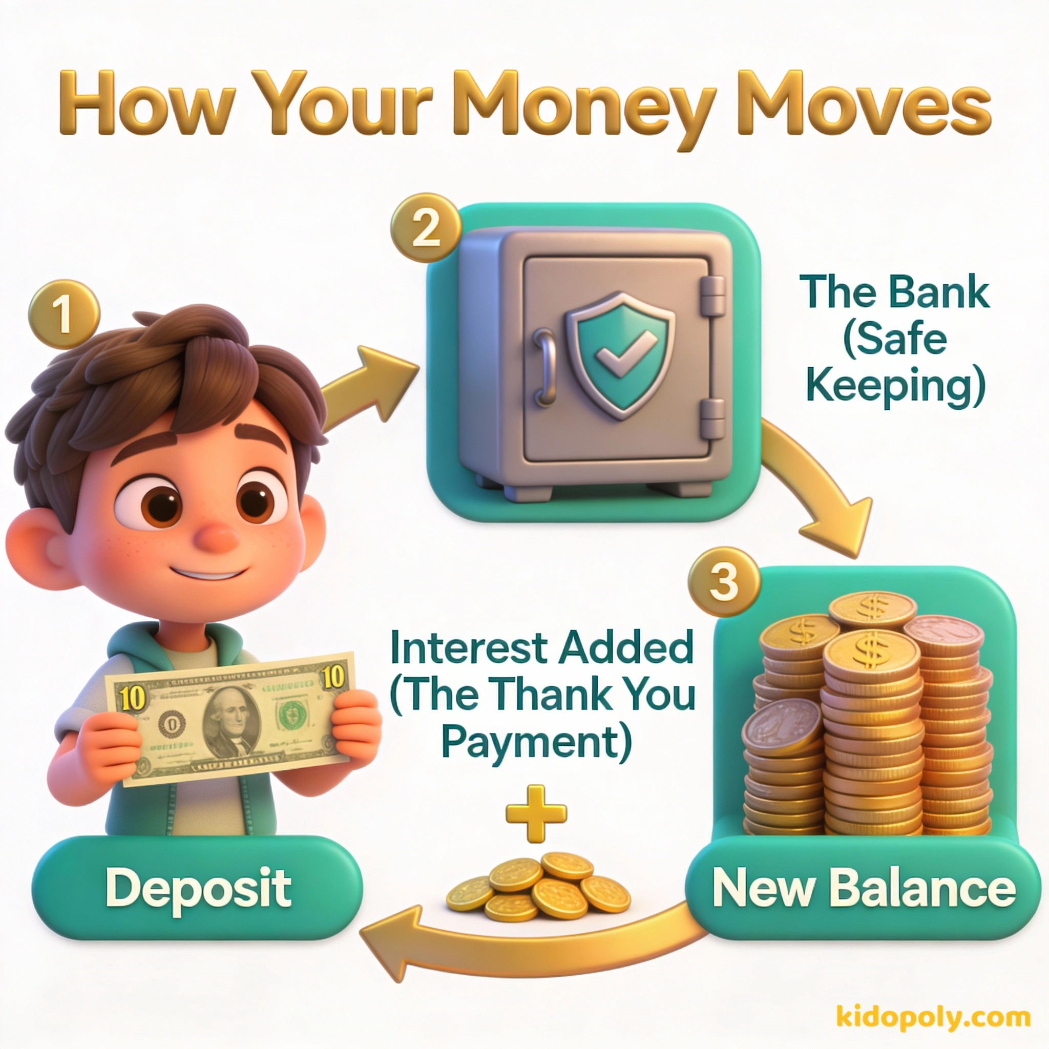 Un diagrama que muestra cómo un depósito se convierte en un saldo mayor gracias a los intereses.