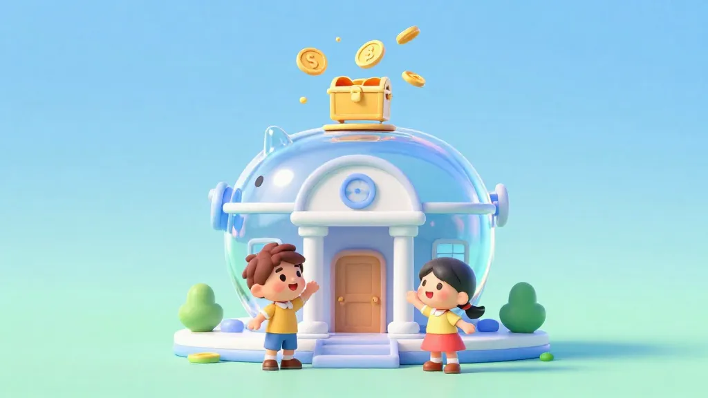 Dos niños parados frente a un edificio bancario amigable, imaginando cómo crecen sus ahorros.