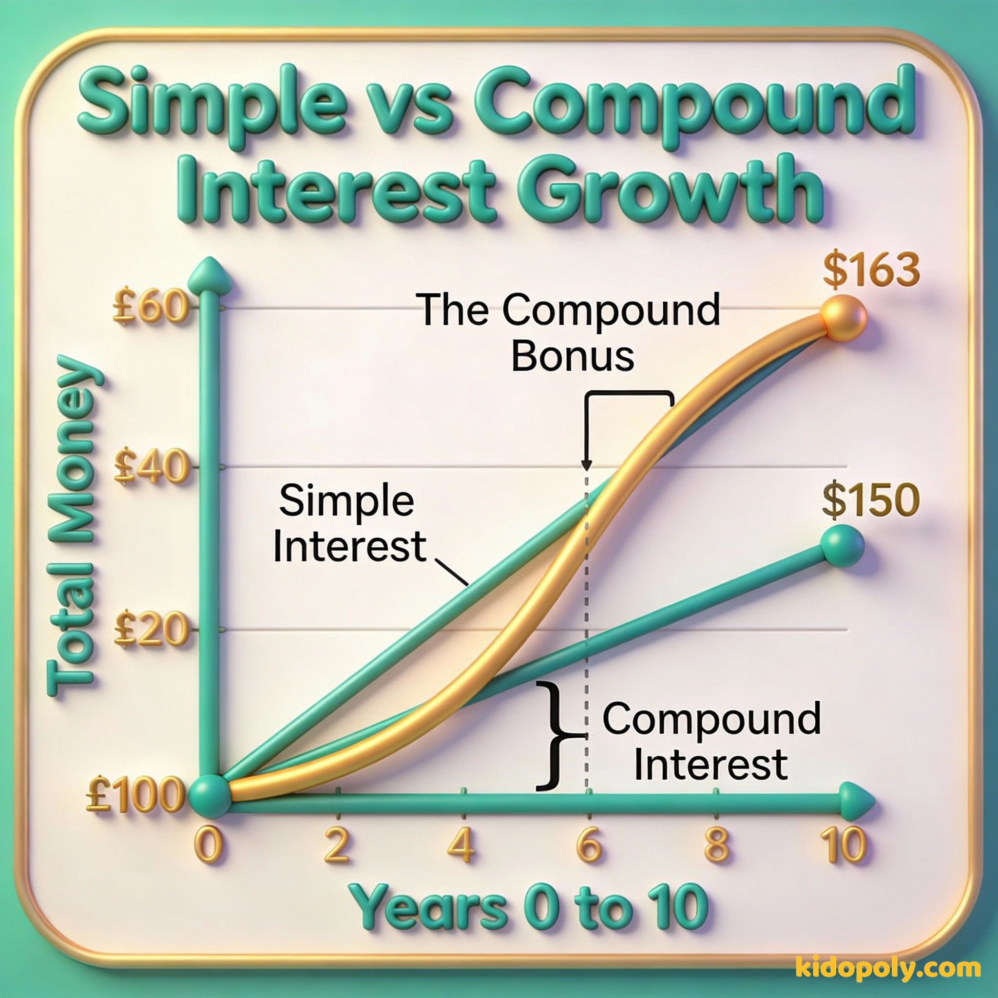 Un gráfico que muestra la curva del interés compuesto subiendo más que el interés simple a lo largo de 10 años