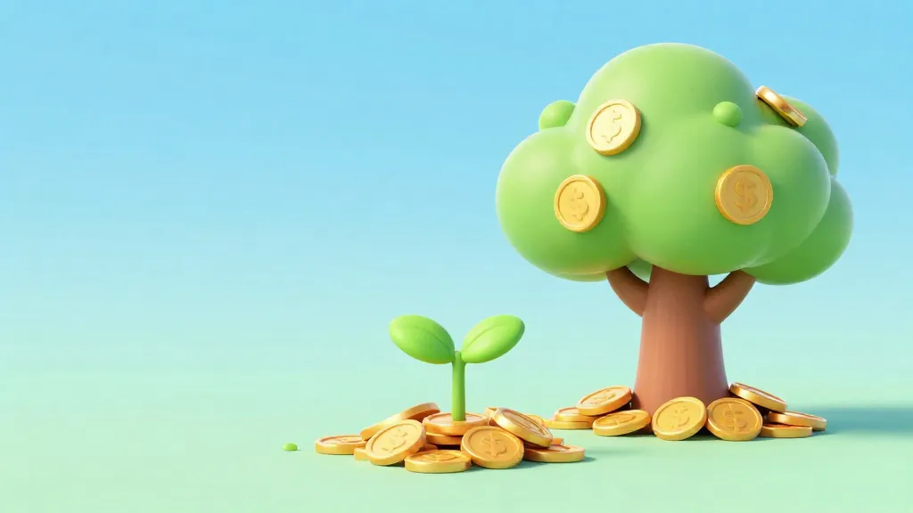Una ilustración de dibujos animados que muestra monedas creciendo como plantas