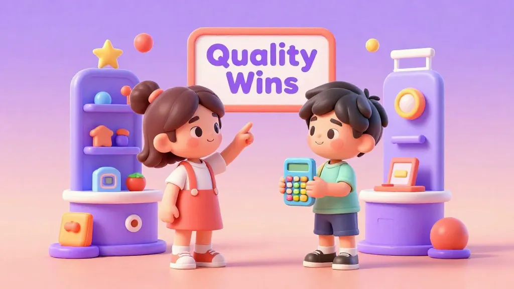 Dos niños evaluando pensativamente una compra en una tienda usando una calculadora