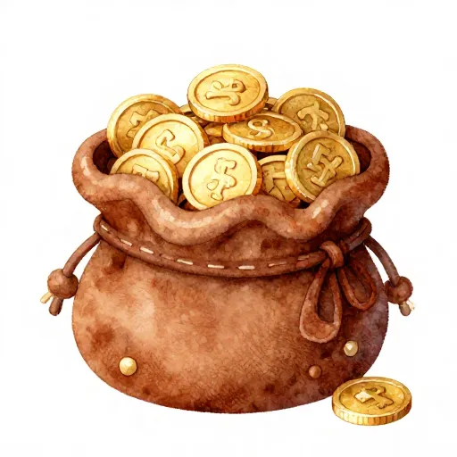 सोने के सिक्कों से भरा मध्यकालीन चमड़े का एक छोटा बैग।