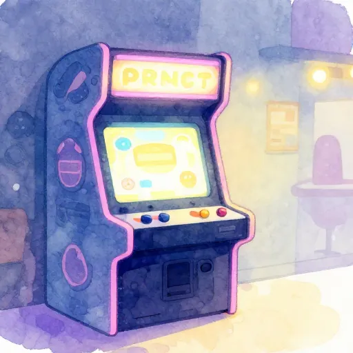 एक बच्चा क्रेन गेम और एयर हॉकी टेबल के बीच खड़ा है।