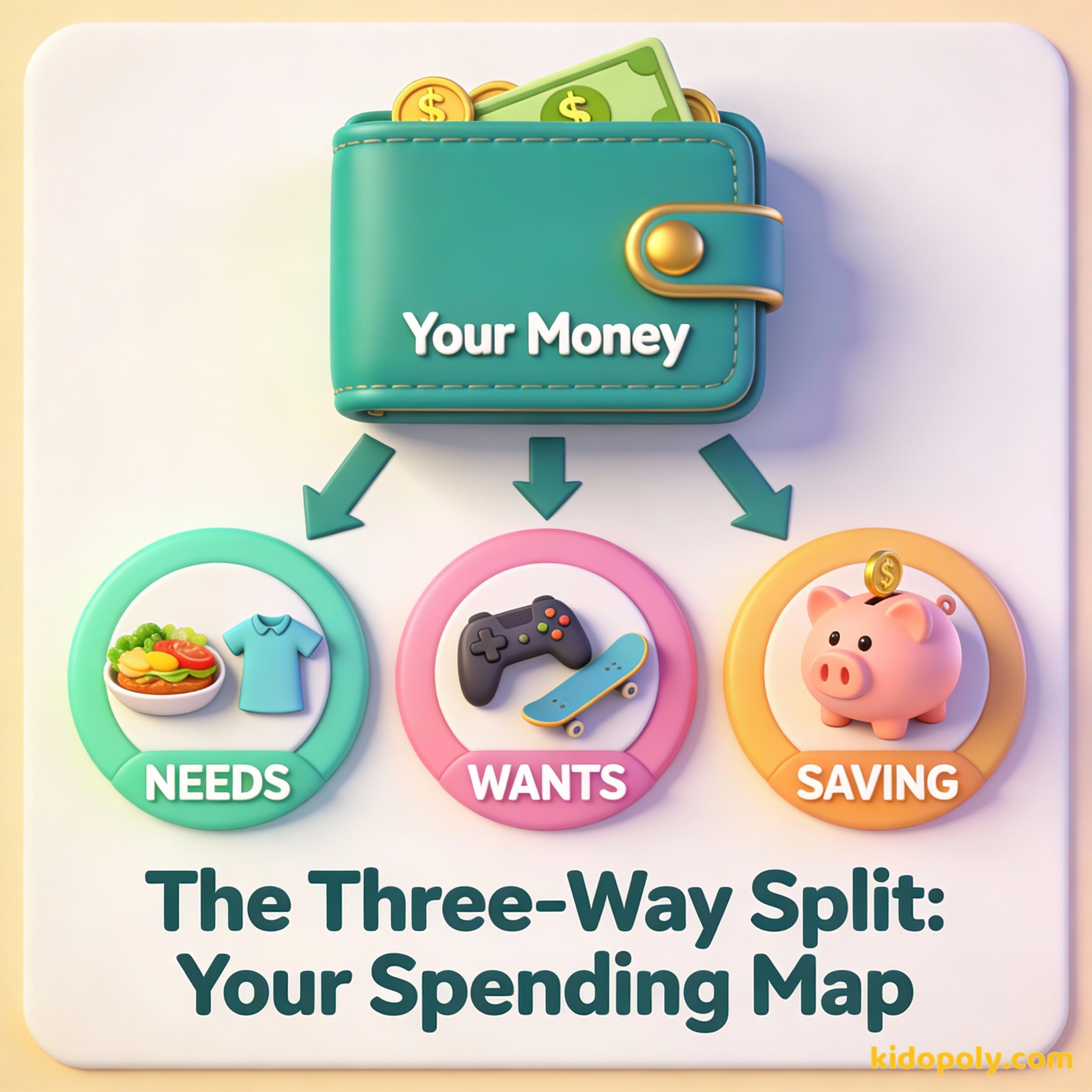 एक डायग्राम जिसमें एक वॉलेट से पैसे तीन श्रेणियों में जाते दिख रहे हैं: ज़रूरतें, चाहतें और बचत।
