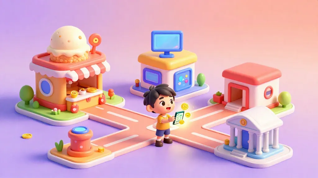 एक रंगीन खिलौनों जैसे शहर में एक बच्चा चमकते हुए डिजिटल मैप का इस्तेमाल करके यह चुन रहा है कि पैसे कहाँ खर्च करने हैं।