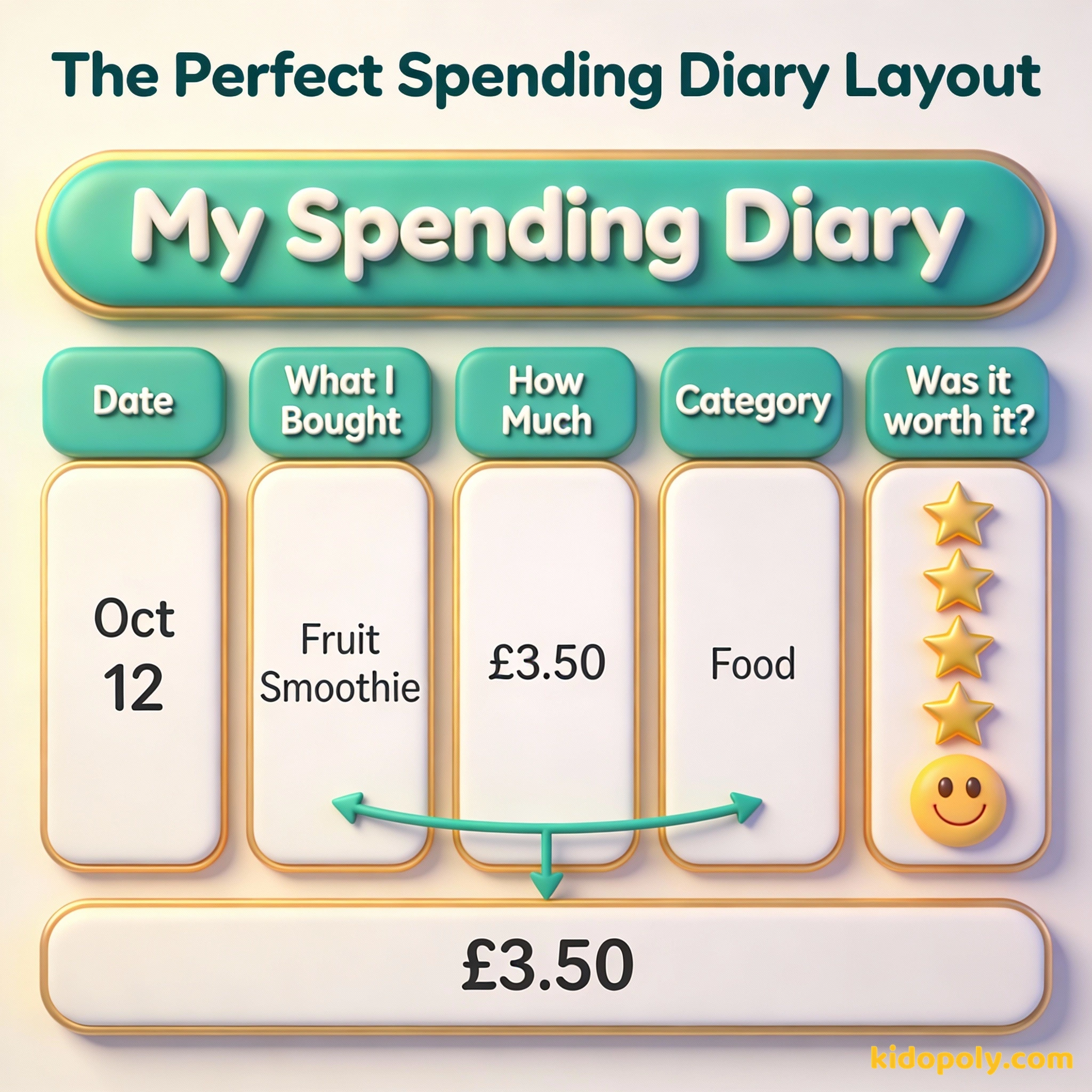Una infografía que muestra las cinco columnas necesarias para el diario de gastos de un niño.