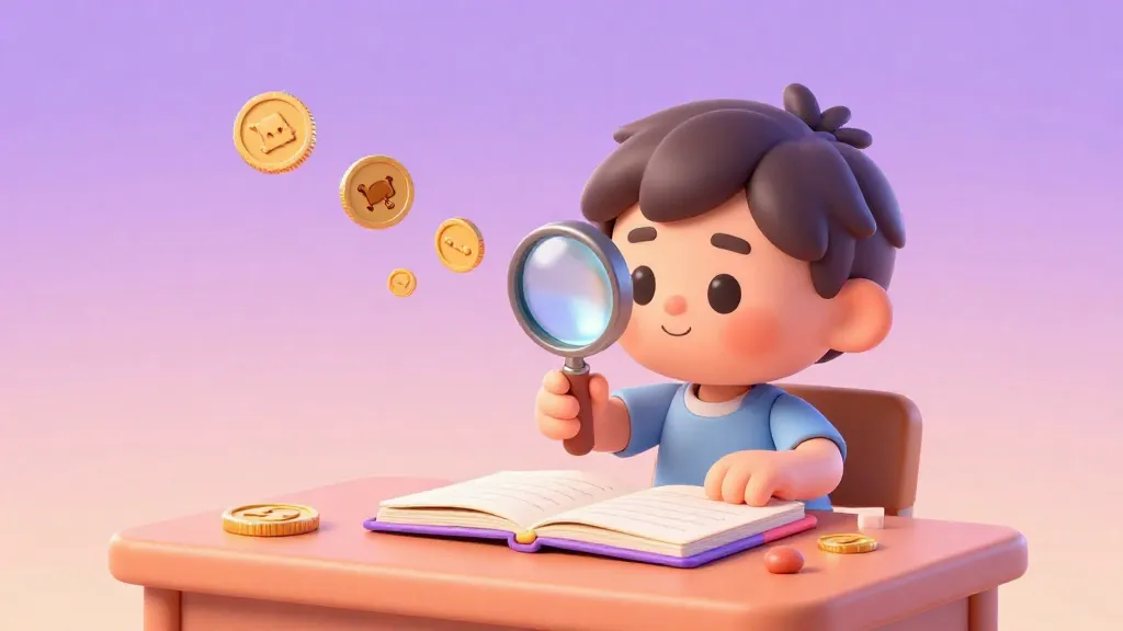 Un niño usando una lupa para observar sus hábitos de gasto en un cuaderno.