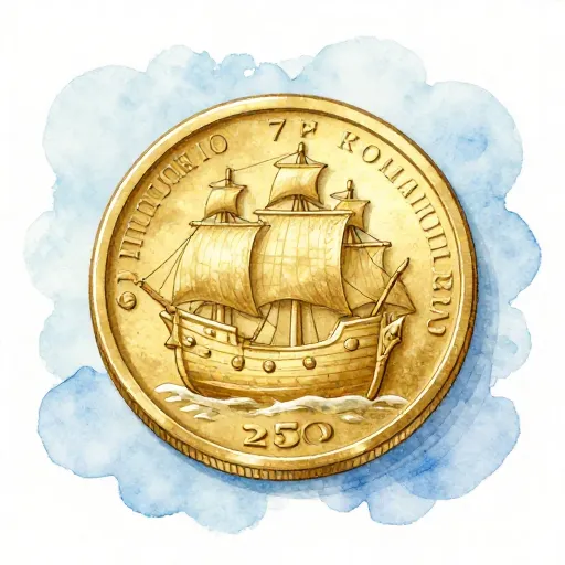 Una moneda de oro con un antiguo barco de vela.