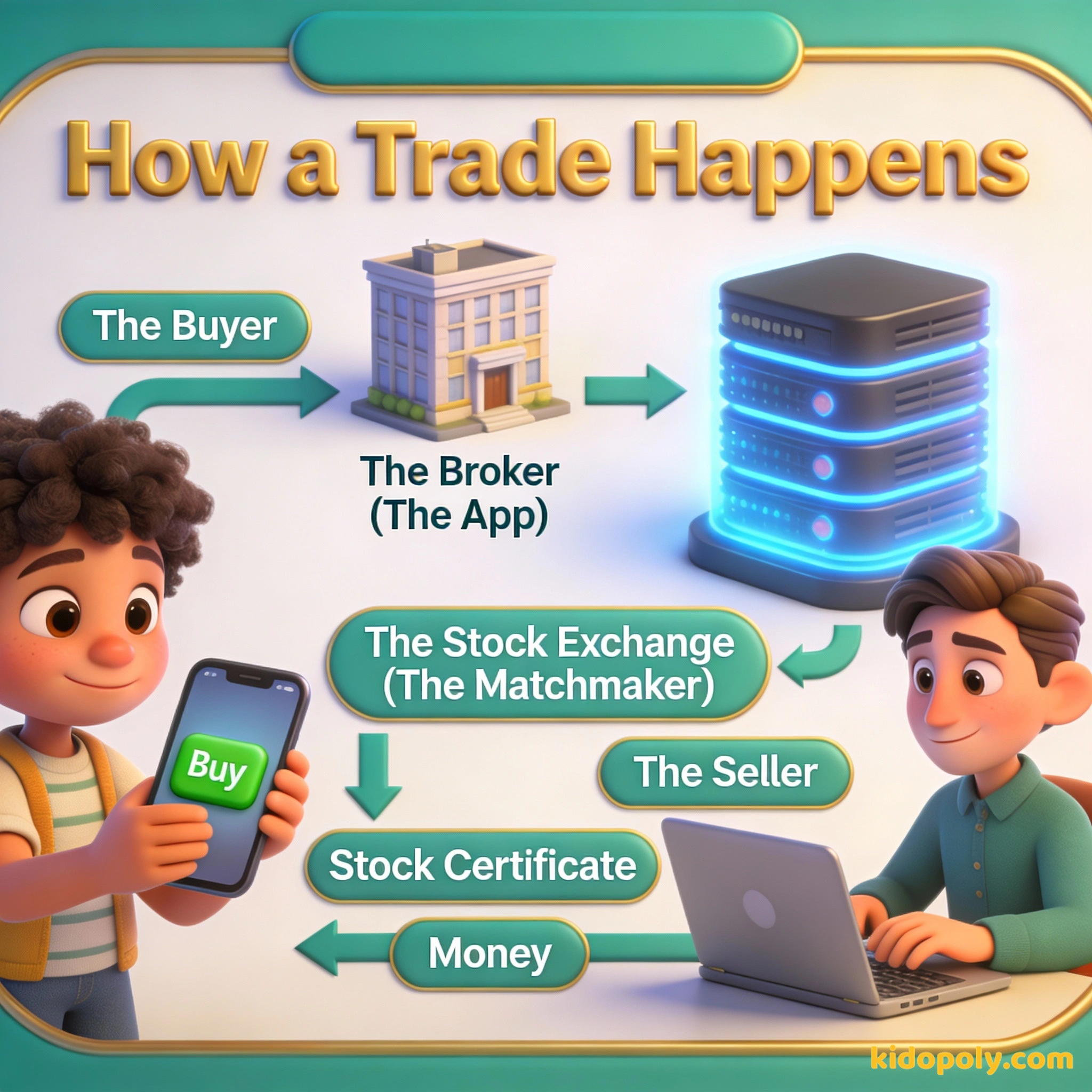 Un diagrama que muestra cómo una operación de acciones se mueve desde la aplicación de un comprador a la bolsa de valores y luego a un vendedor.