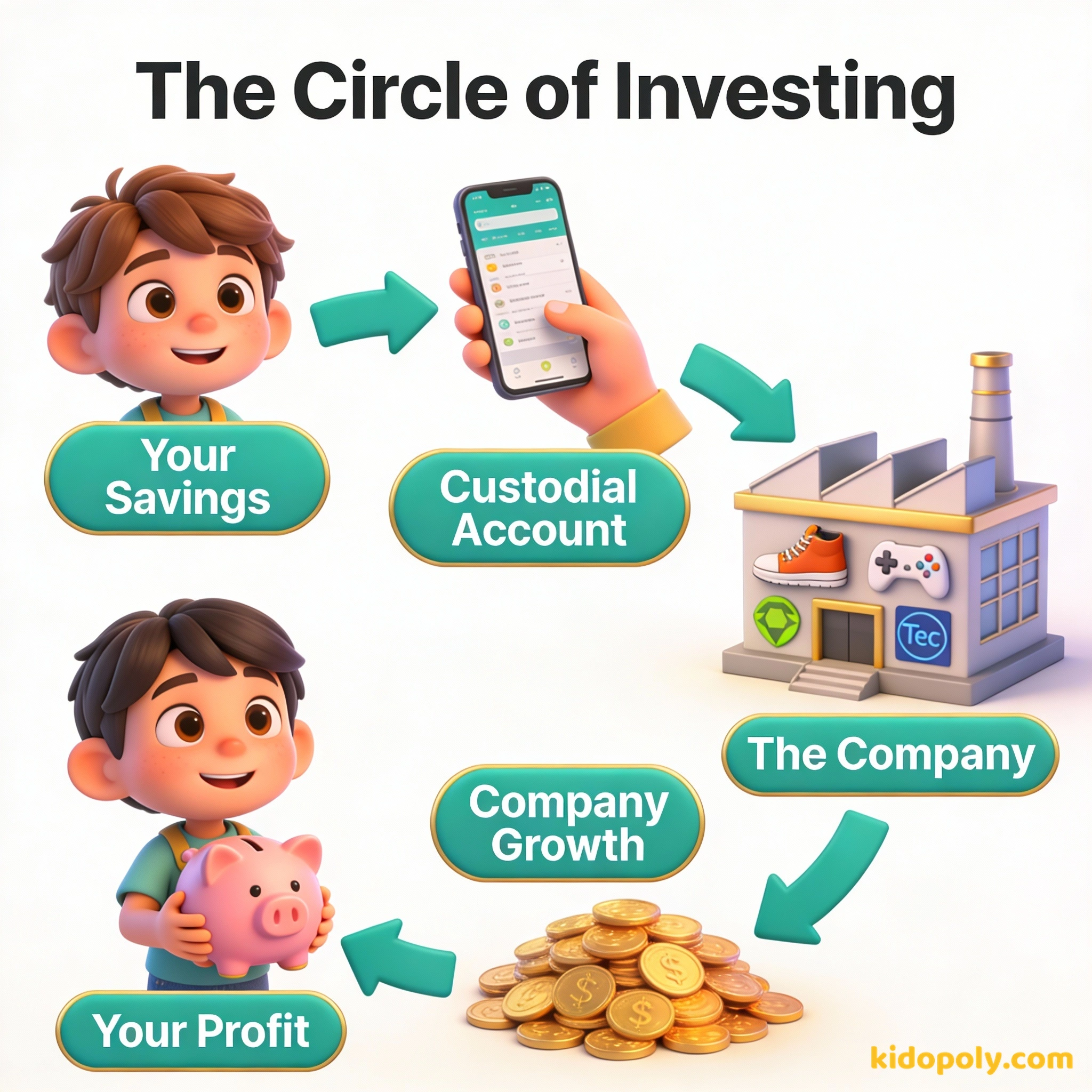 Un diagrama que muestra cómo los ahorros de un niño van a una empresa y regresan como ganancias.