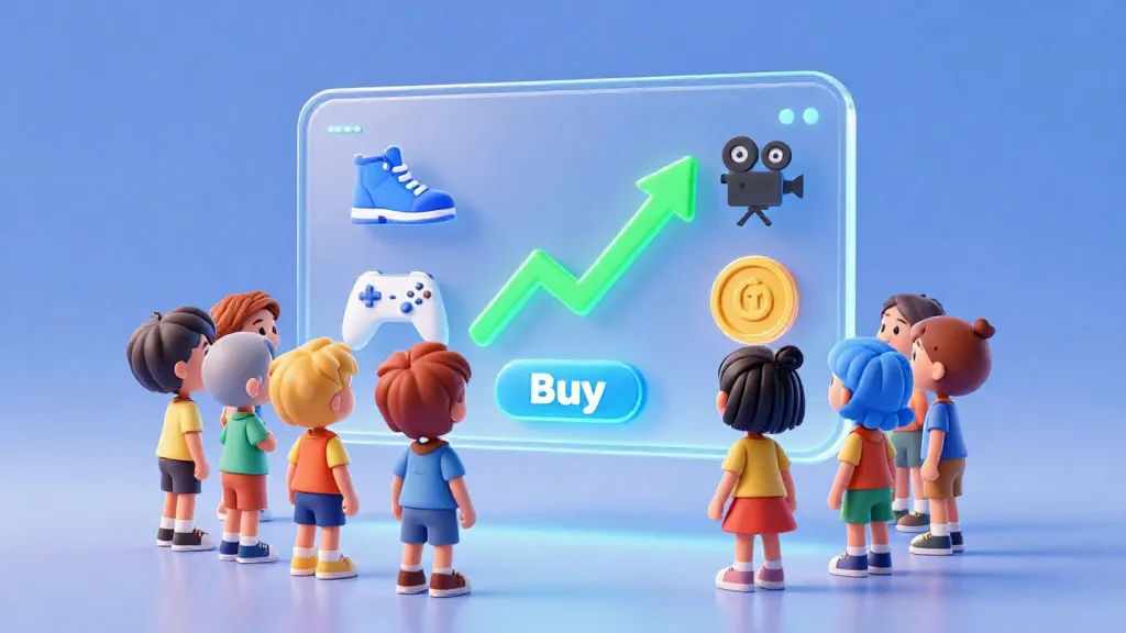 Niños mirando iconos que representan empresas famosas de las que pueden ser dueños a través de acciones.