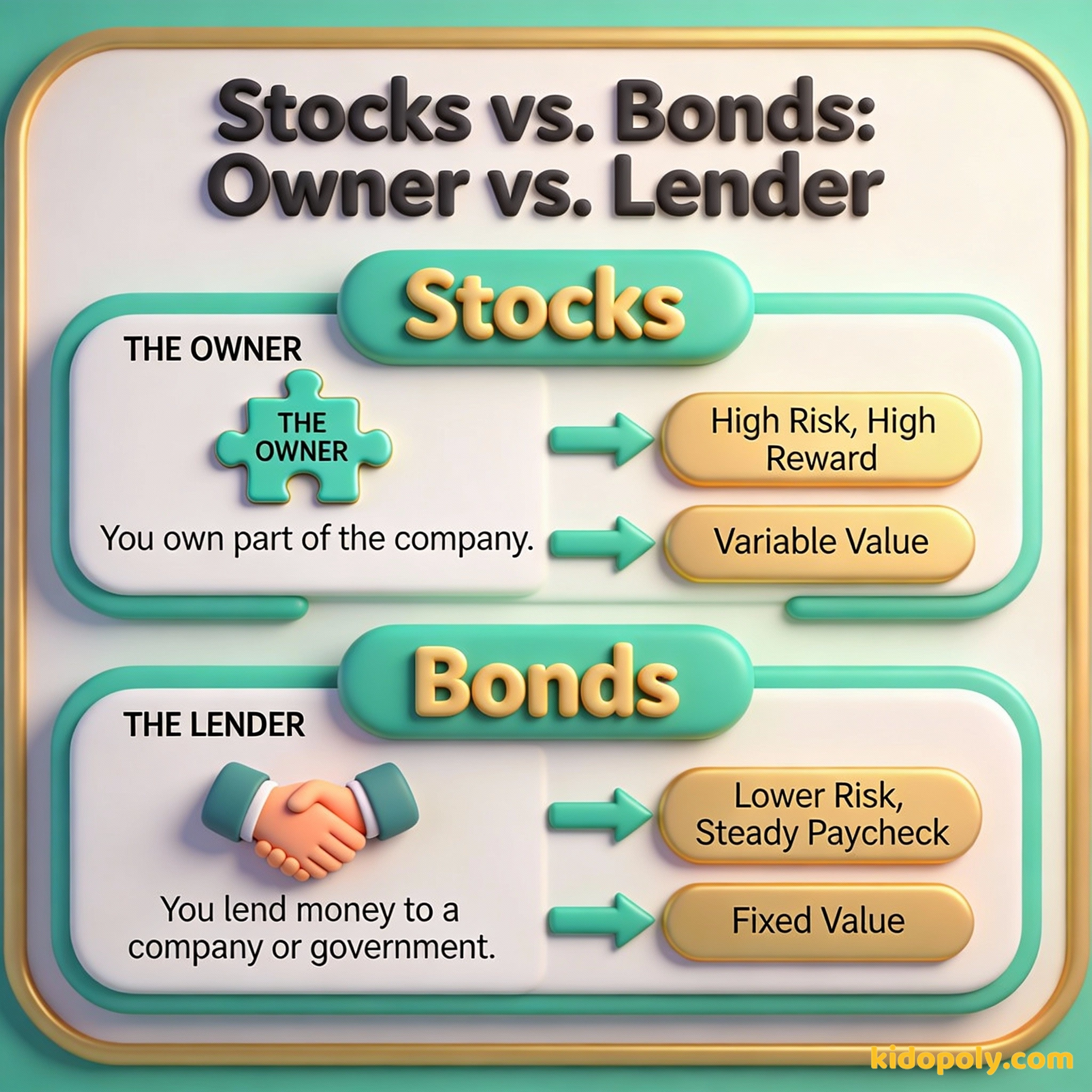 Un diagrama que compara las acciones como propiedad con alto riesgo/recompensa y los bonos como préstamo con menor riesgo y pagos constantes.