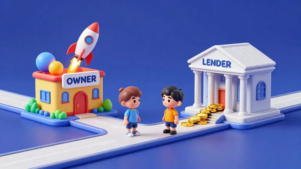 Dos niños eligiendo entre un camino que representa las acciones (propiedad) y otro los bonos (préstamo).