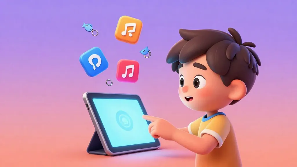 Un niño mirando una tableta con iconos de suscripción en anzuelos de pesca